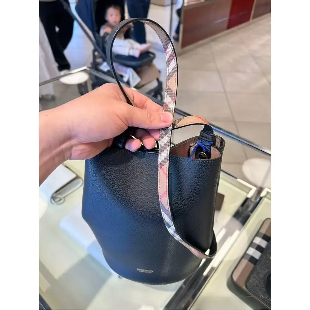 Burberry Black Leather Bucket Bag with Check Strap